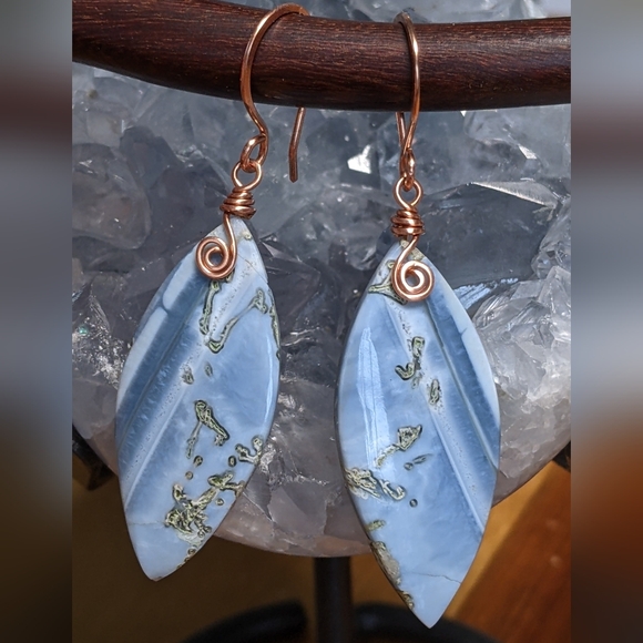 Artisan Blue Opal Gemstone Earrings Copper Wrap Spiral Marquise Lightweight - Picture 11 of 16